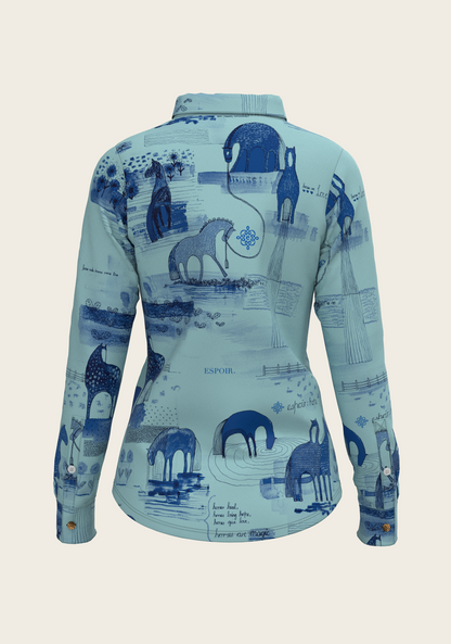 Daydreaming Horses in Blue Ladies Button Shirt