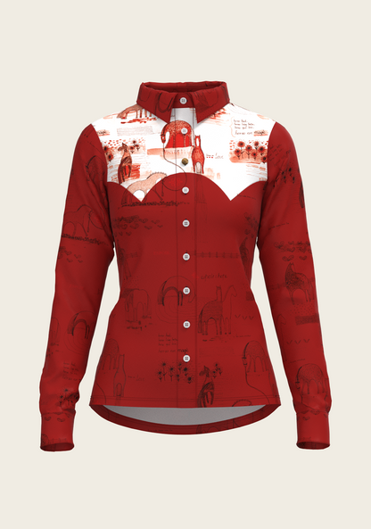 Daydreaming Horses in Red Ladies Button Shirt