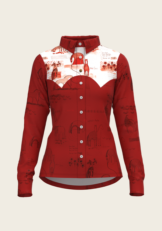 Daydreaming Horses in Red Ladies Button Shirt
