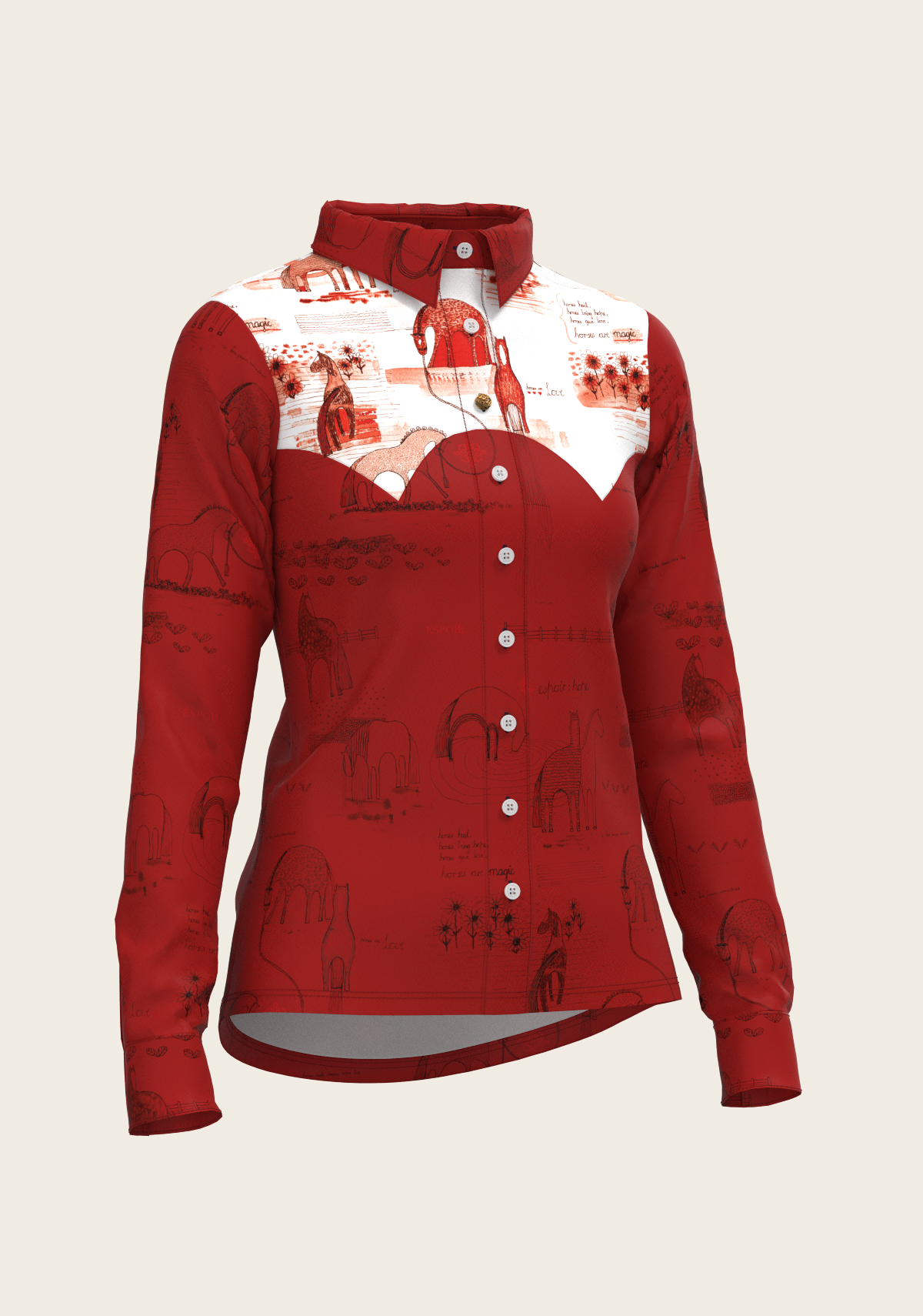 Daydreaming Horses in Red Ladies Button Shirt