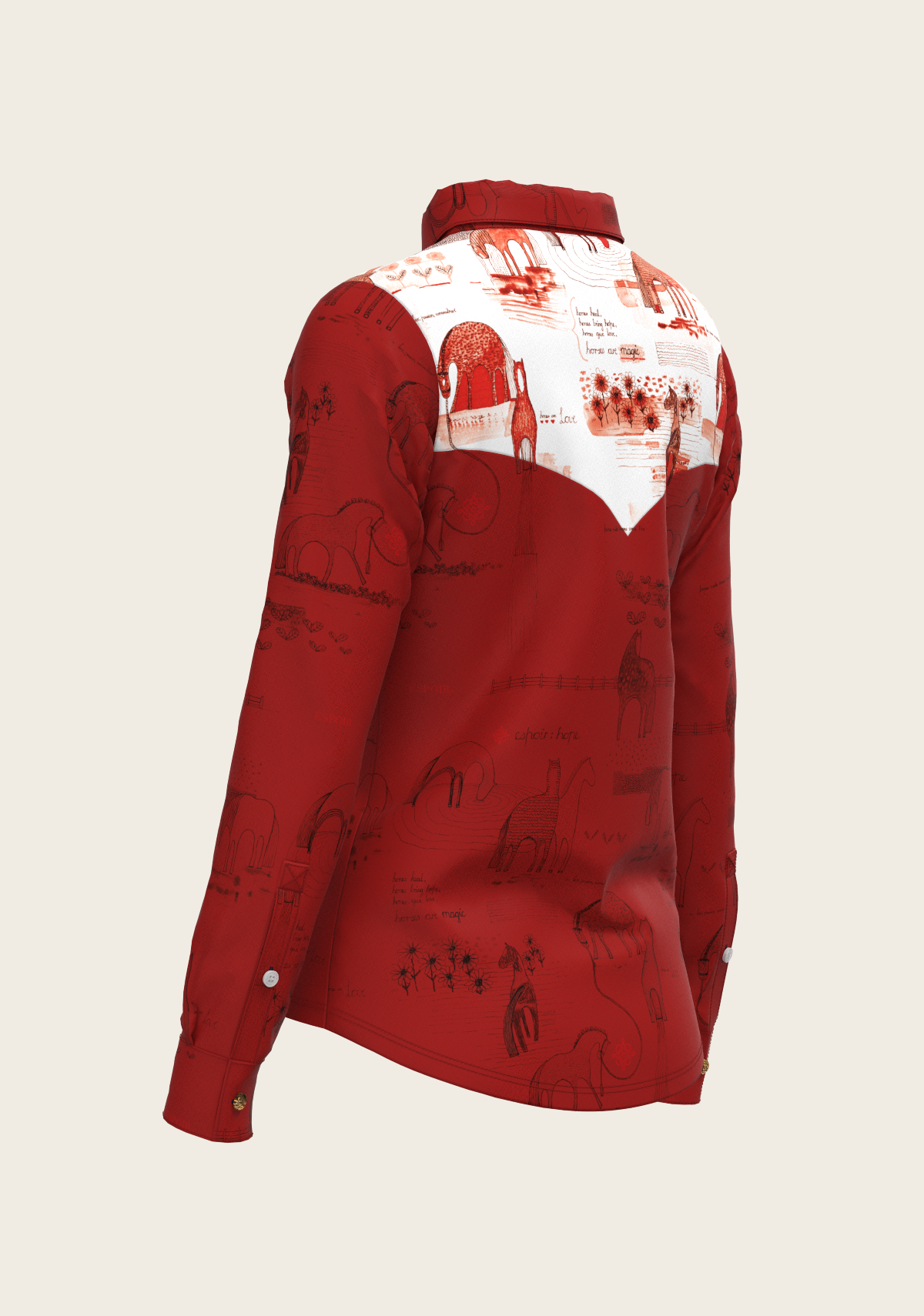 Daydreaming Horses in Red Ladies Button Shirt