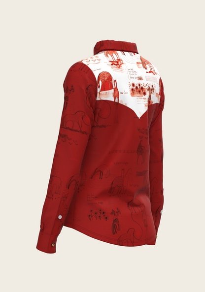 Daydreaming Horses in Red Ladies Button Shirt