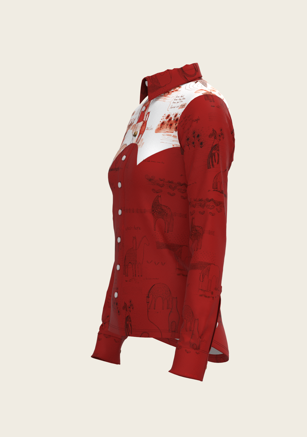 Daydreaming Horses in Red Ladies Button Shirt