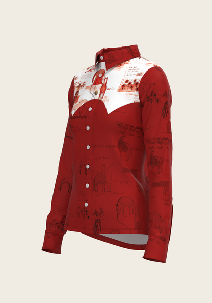 Daydreaming Horses in Red Ladies Button Shirt