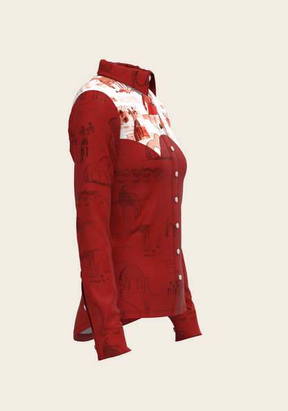 Daydreaming Horses in Red Ladies Button Shirt