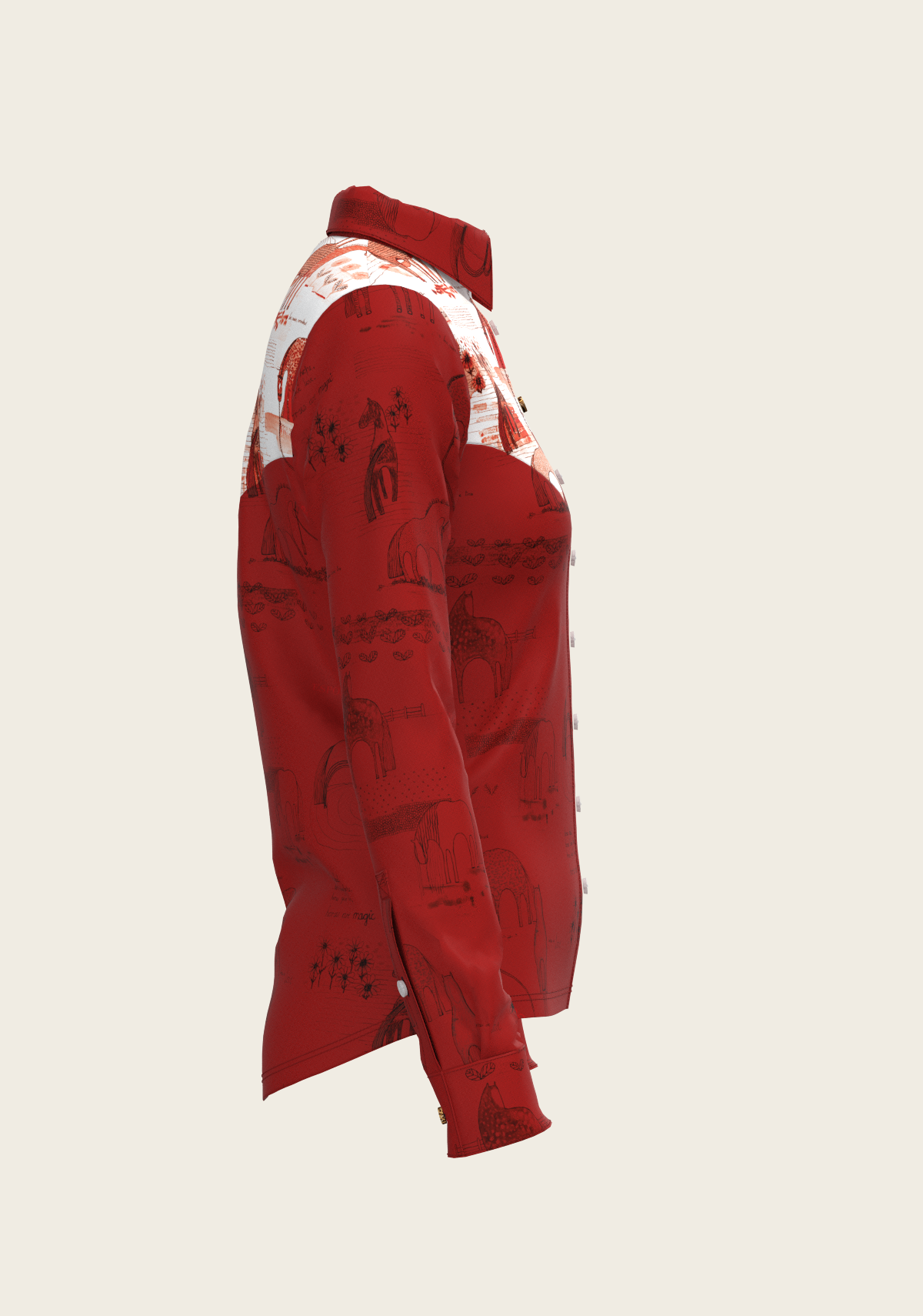 Daydreaming Horses in Red Ladies Button Shirt
