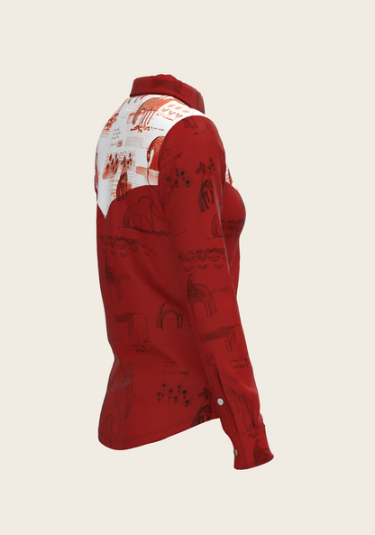 Daydreaming Horses in Red Ladies Button Shirt