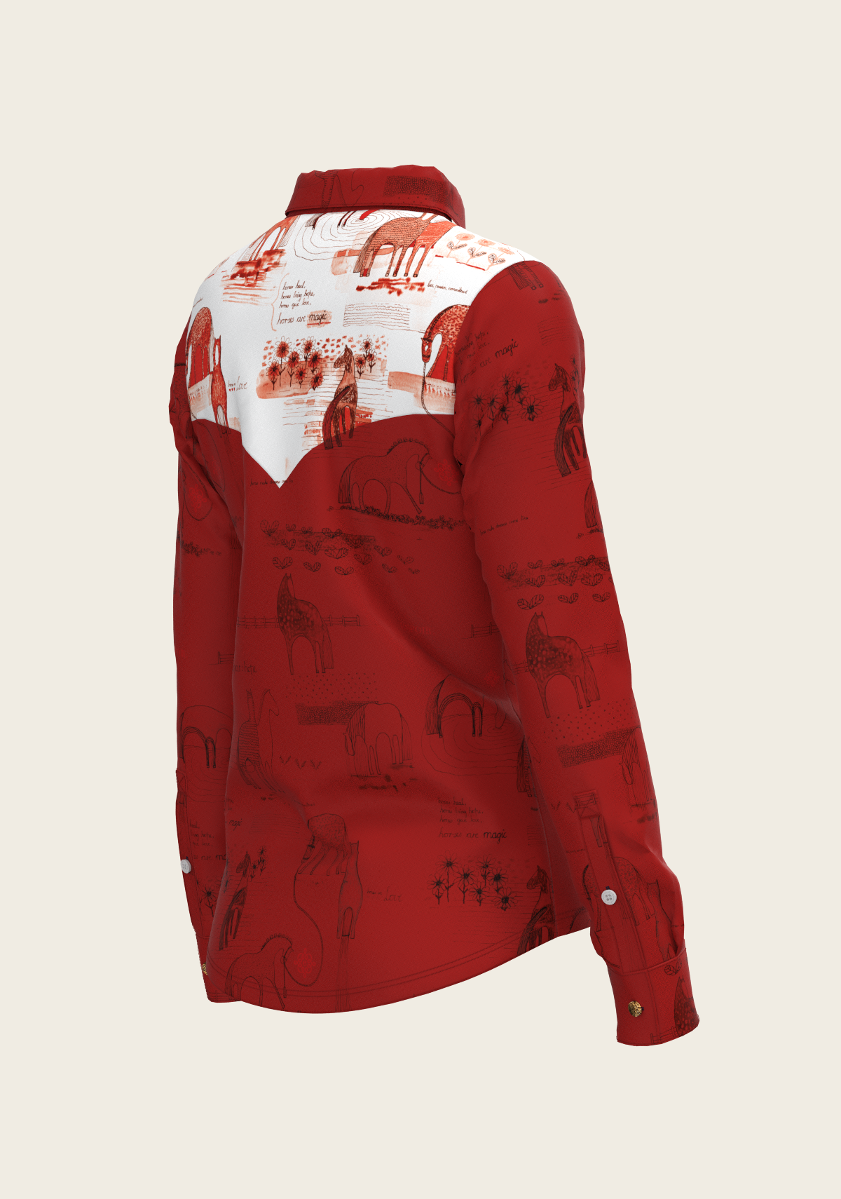 Daydreaming Horses in Red Ladies Button Shirt
