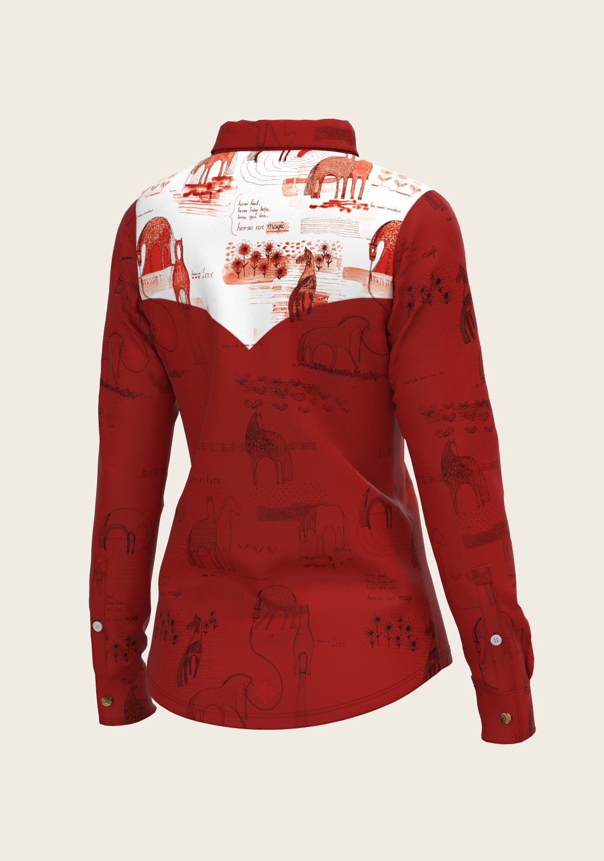 Daydreaming Horses in Red Ladies Button Shirt