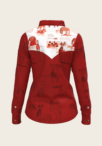 Daydreaming Horses in Red Ladies Button Shirt