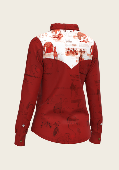 Daydreaming Horses in Red Ladies Button Shirt