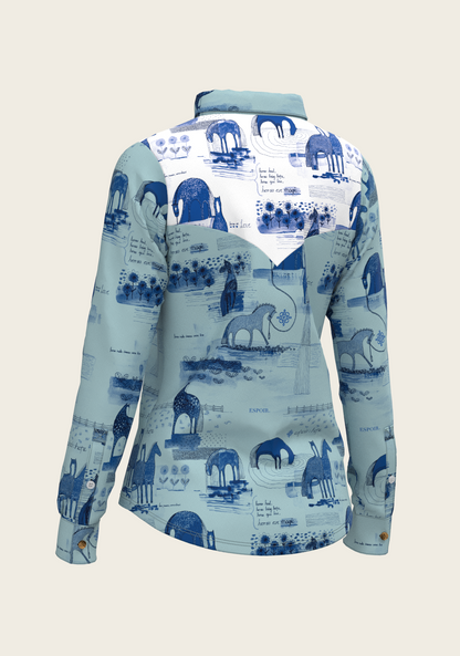 Daydreaming Horses Western Blue Ladies Button Shirt