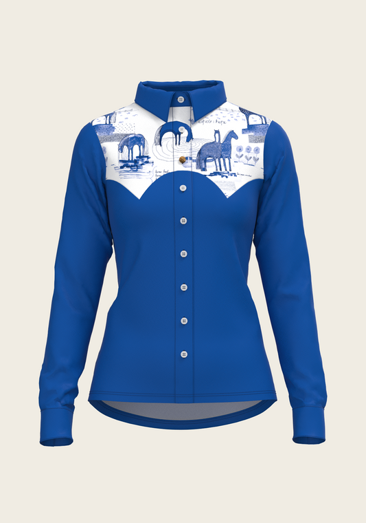 Daydreaming Horses Western Solid Blue Ladies Button Shirt