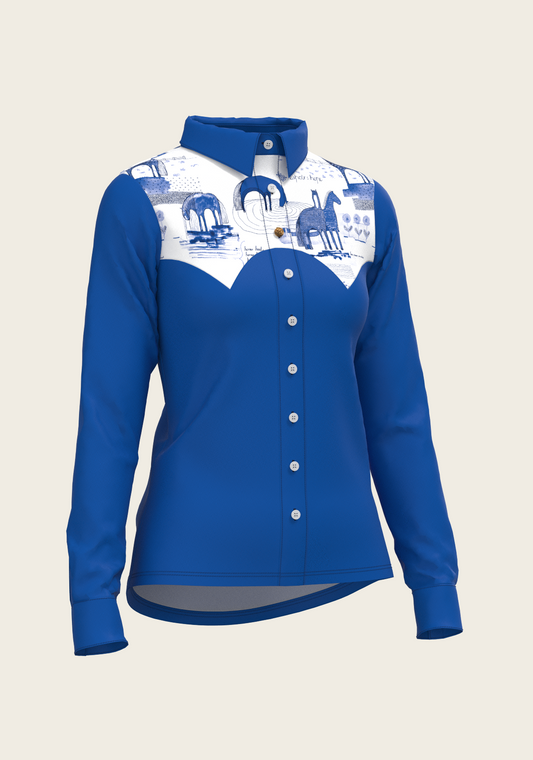 Daydreaming Horses Western Solid Blue Ladies Button Shirt