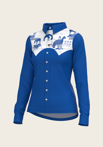 Daydreaming Horses Western Solid Blue Ladies Button Shirt