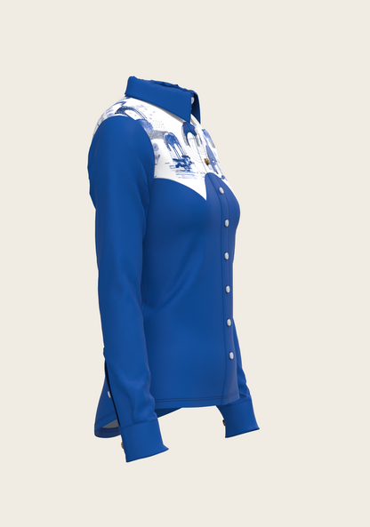 Daydreaming Horses Western Solid Blue Ladies Button Shirt
