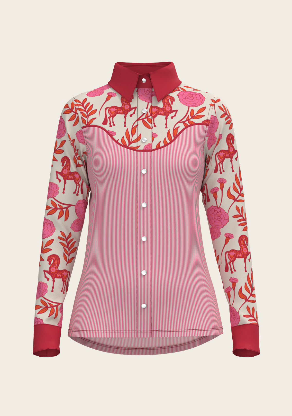 Western Peony in Pink with Stripes Ladies Snap Shirt