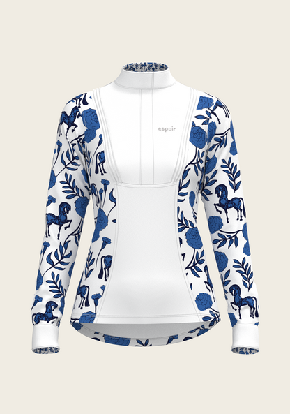 Peony in blue Short Pleated Long Sleeve Show Shirt