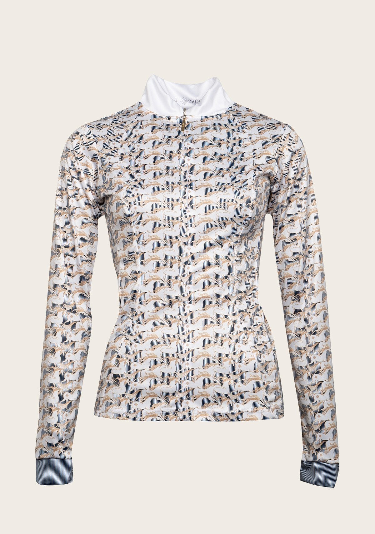 Espoir Striped Running Horses White Quarter Zip Show Sun Shirt