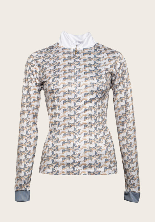 Espoir Striped Running Horses White Quarter Zip Show Sun Shirt