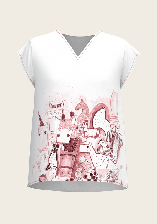 The Horse Fair in Rose Loose Fitting V Neck Shirt