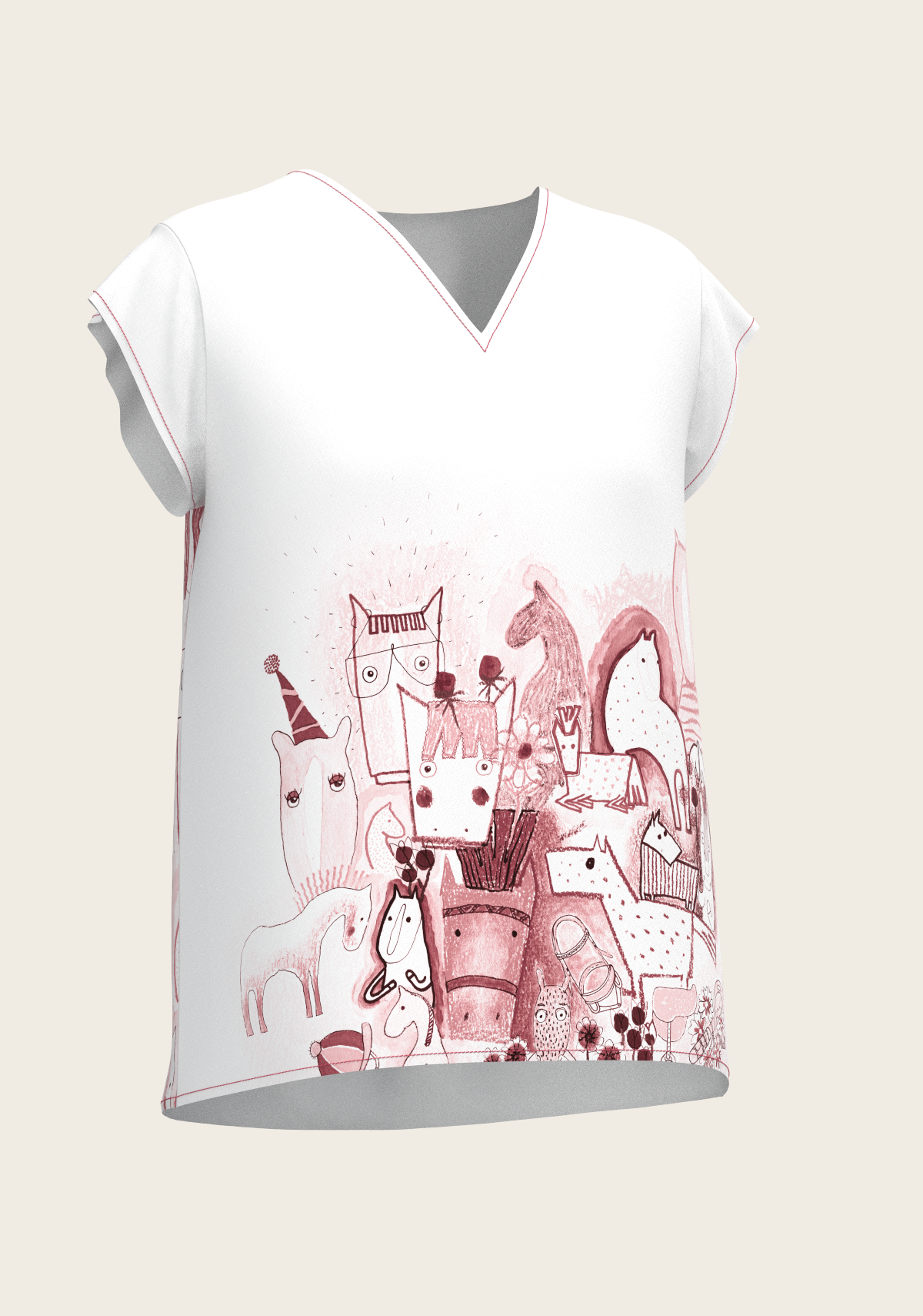 The Horse Fair in Rose Loose Fitting V Neck Shirt