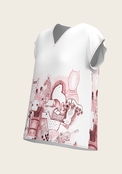 The Horse Fair in Rose Loose Fitting V Neck Shirt