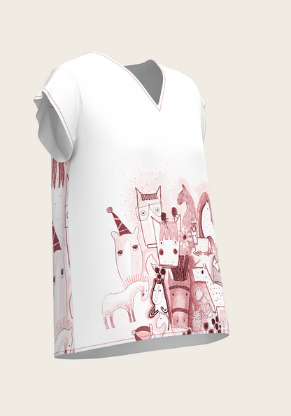 The Horse Fair in Rose Loose Fitting V Neck Shirt