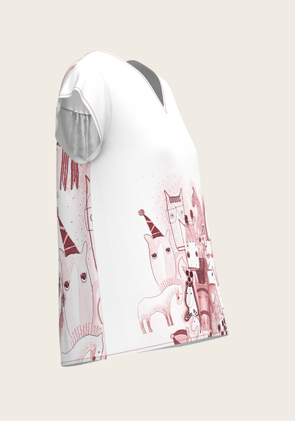 The Horse Fair in Rose Loose Fitting V Neck Shirt