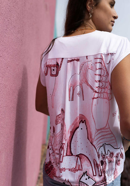 The Horse Fair in Rose Loose Fitting V Neck Shirt