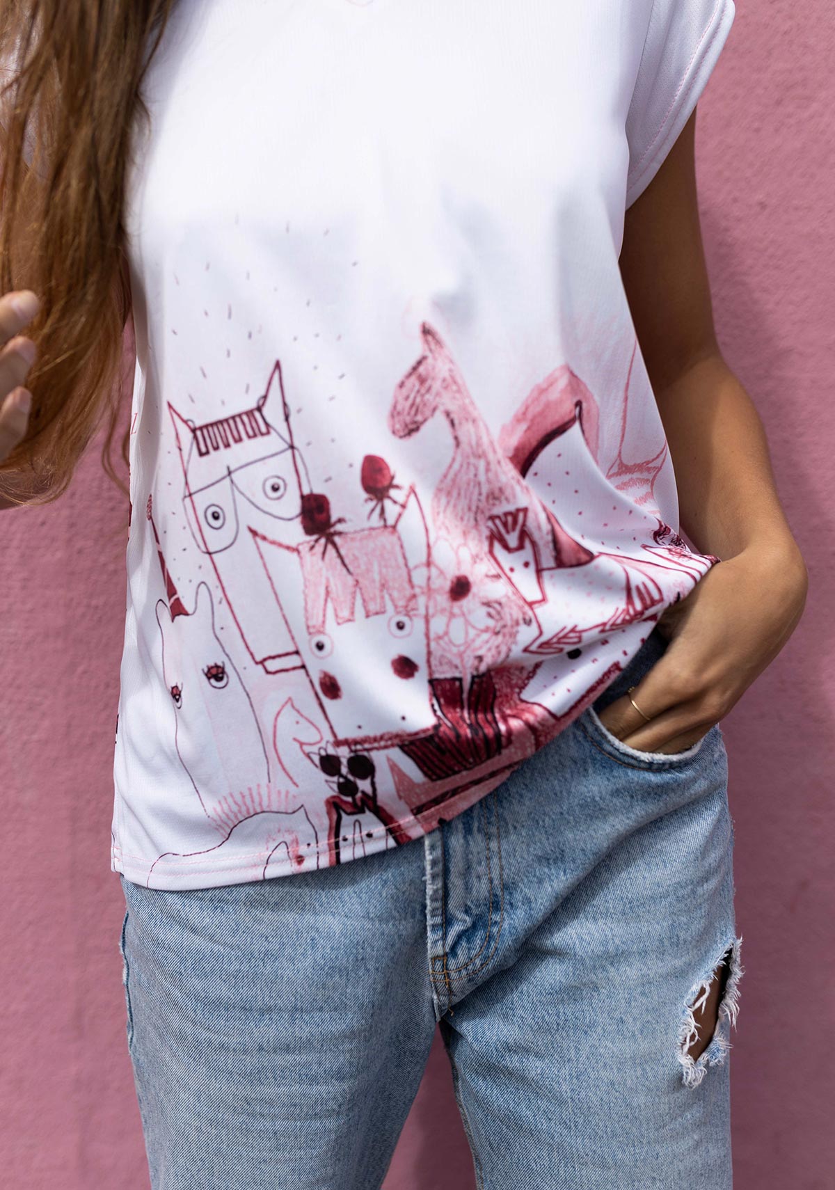 The Horse Fair in Rose Loose Fitting V Neck Shirt