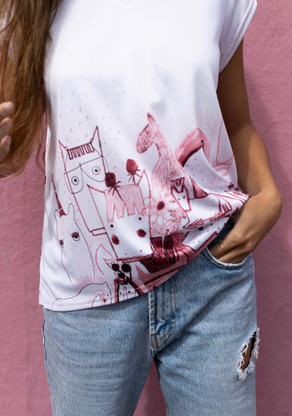 The Horse Fair in Rose Loose Fitting V Neck Shirt