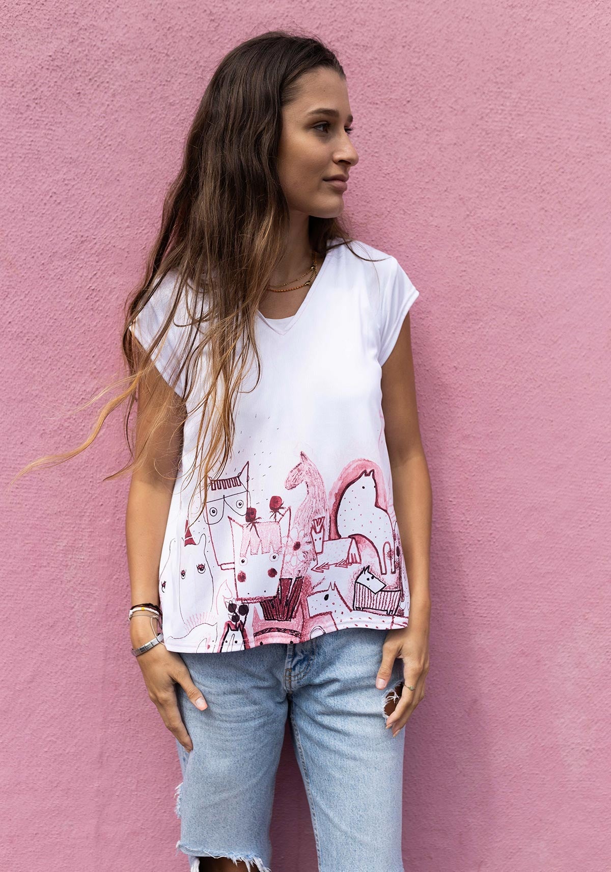 The Horse Fair in Rose Loose Fitting V Neck Shirt