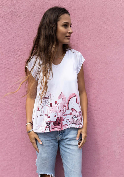 The Horse Fair in Rose Loose Fitting V Neck Shirt