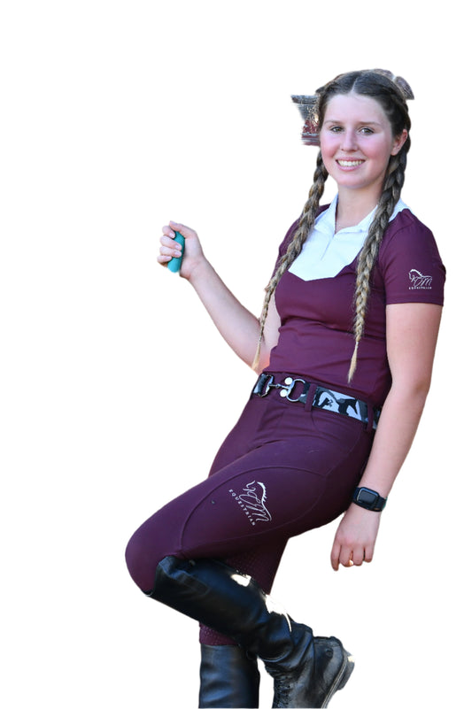 Burgundy Equestrian two short sleeve show shirt with logo on sleeve