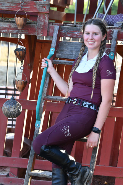 Burgundy Equestrian two short sleeve show shirt with logo on sleeve