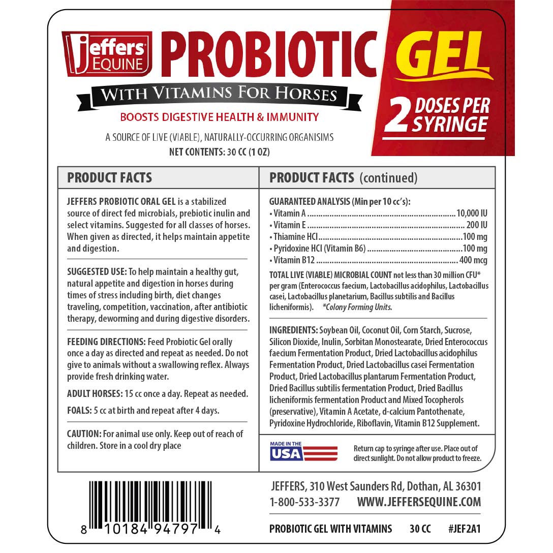 Jeffers Probiotic Gel for Horses, 2 Dose Syringe